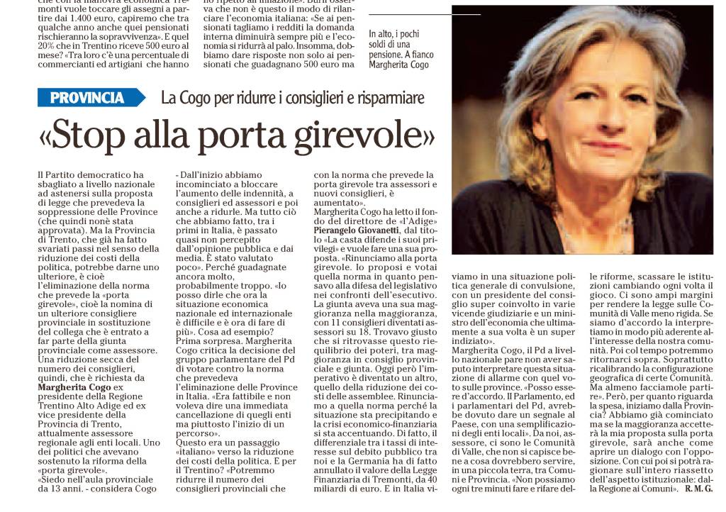 l'Adige 11 luglio 2011: l'intervista a Margherita Cogo