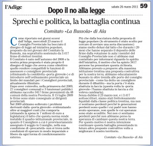 l'Adige 26 marzo 2011 - pag. 59. Cliccando sull'immagine è possibile leggere l'intero testo